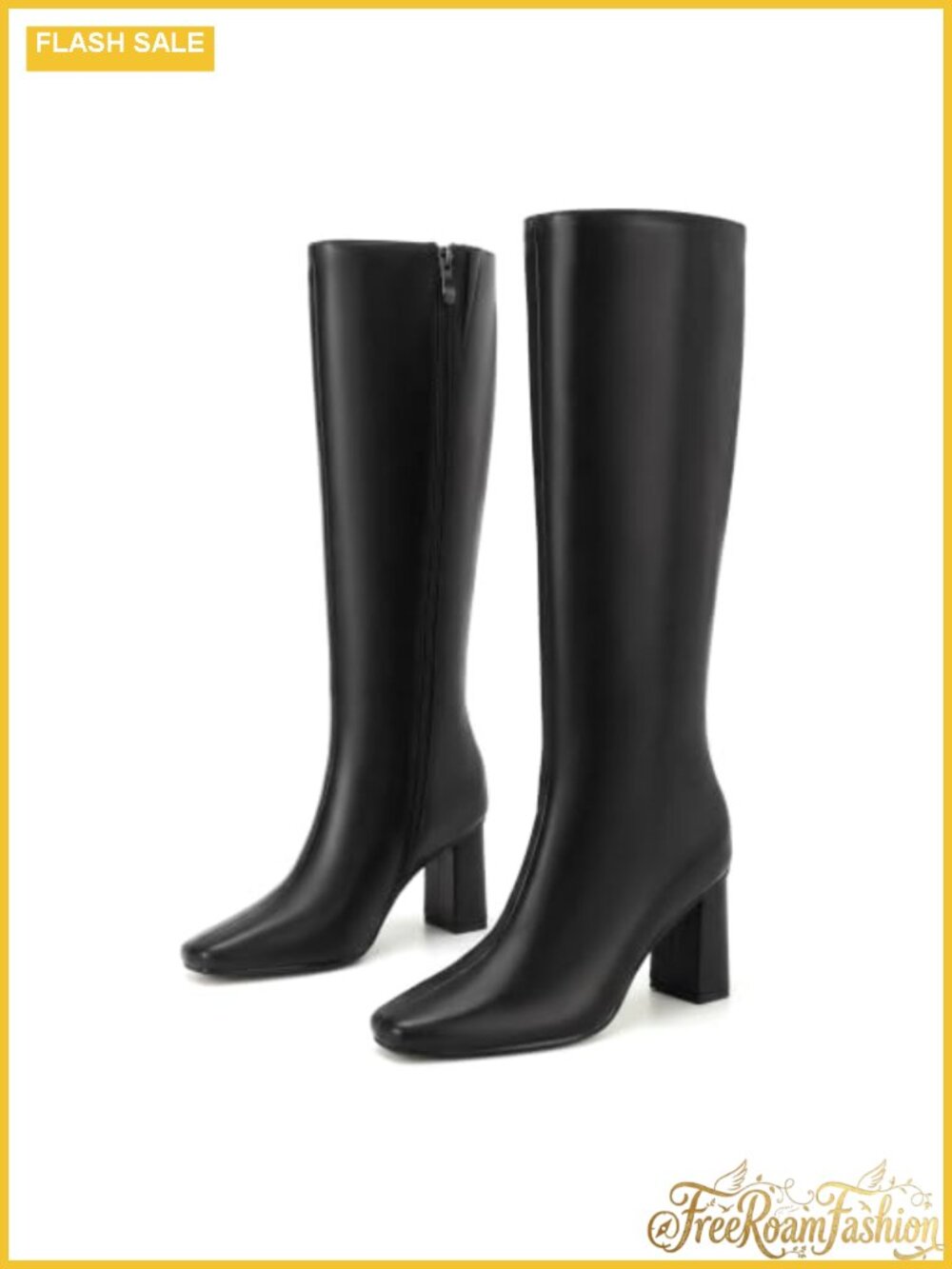 IDIFU Knee High Boots Square Toe Chunky Heel Faux Leather Women's